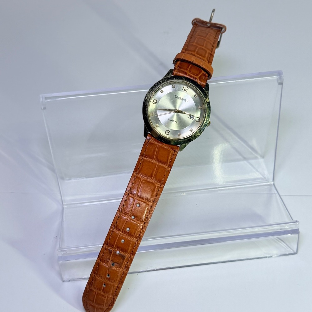 Embassy Quartz Watch Gold Tone Silver Dial Brown Leather Strap Needs Battery